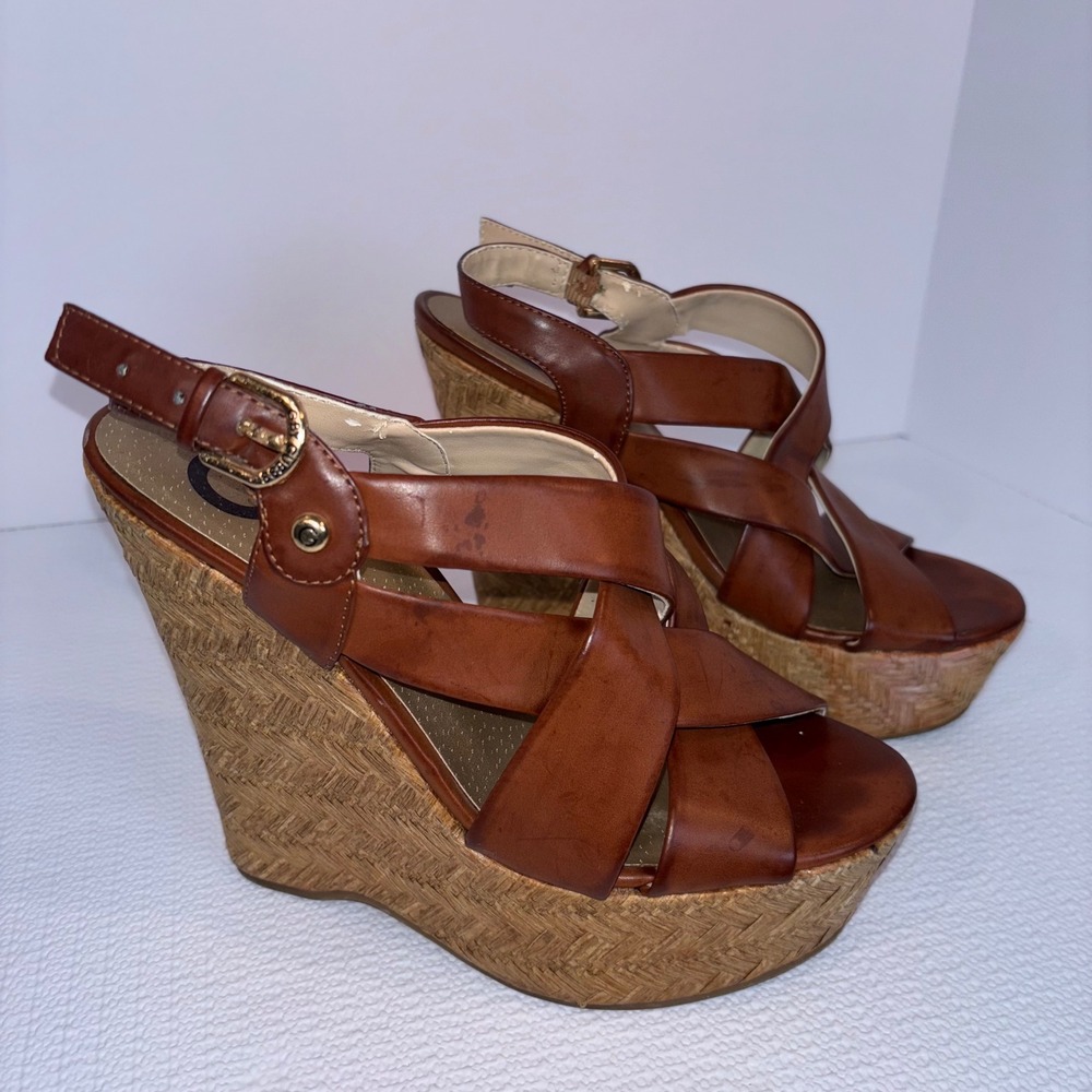 Wedge Platform Guess Brown Faux Leather Criss Cross Wedge Sandals Size 8M
